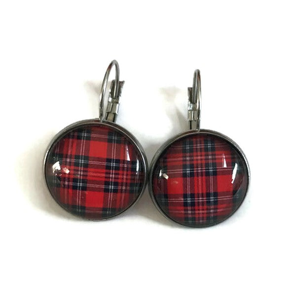 Boucles d'Oreilles Dormeuses Tartans Rouges et Bleues