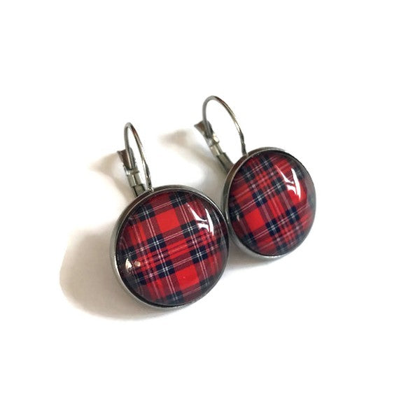 Boucles d'Oreilles Dormeuses Tartans Rouges et Bleues