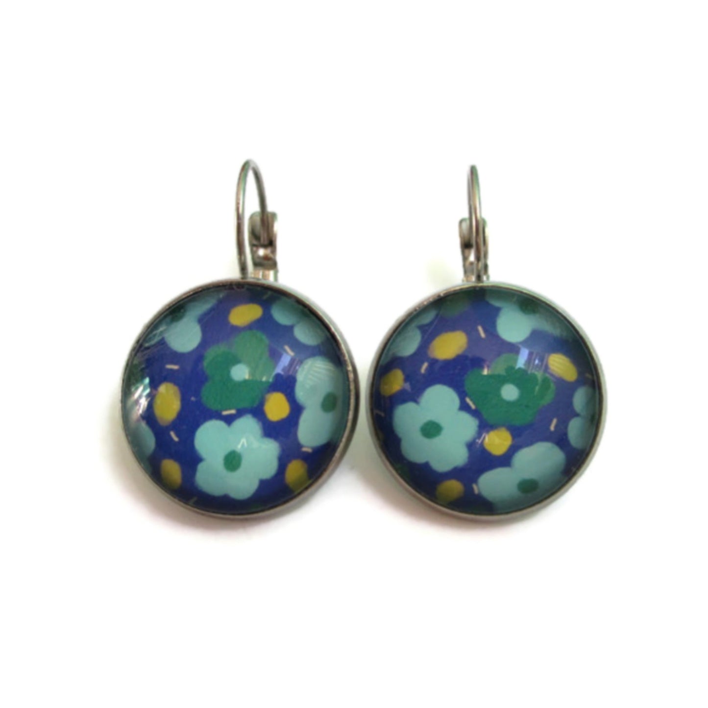 Boucles d'Oreilles Dormeuses Multicolores Fleurs Vertes et Bleues