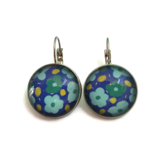 Blue, Green, Colorful Flowers earrings