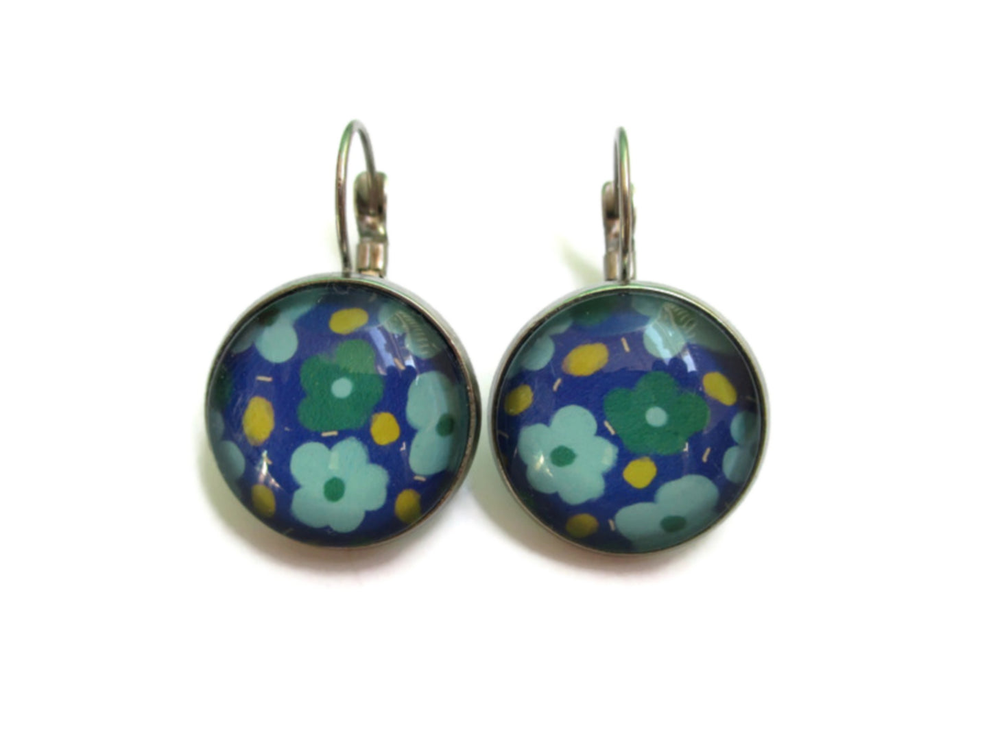 Boucles d'Oreilles Dormeuses Multicolores Fleurs Vertes et Bleues