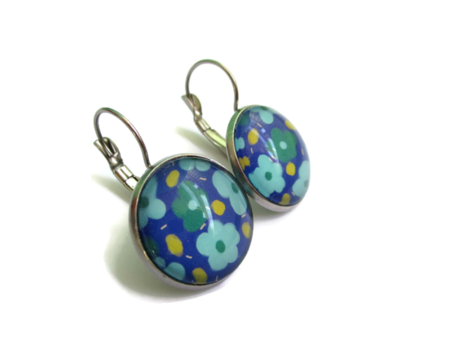 Boucles d'Oreilles Dormeuses Multicolores Fleurs Vertes et Bleues