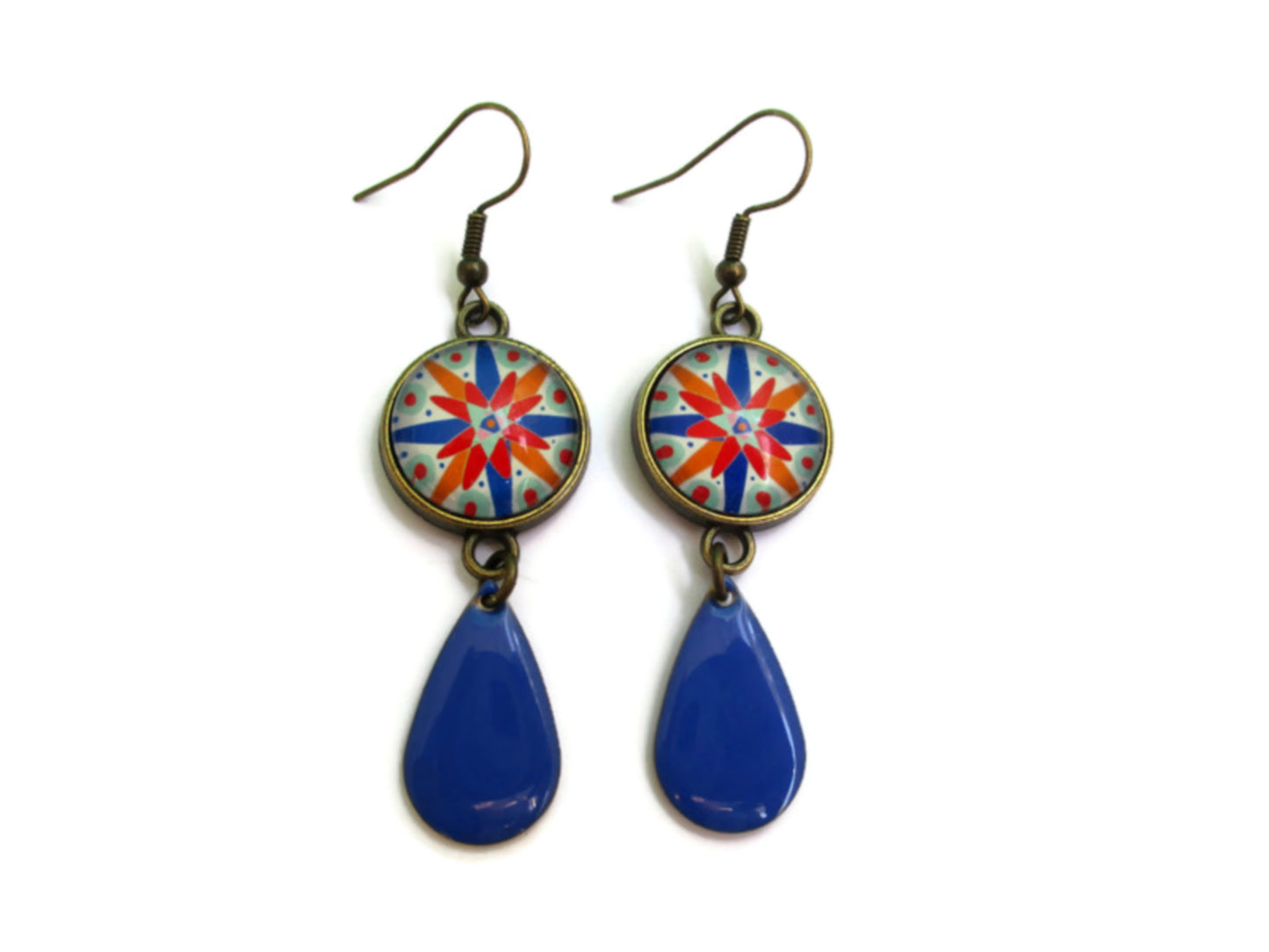 Boucles d'Oreilles motifs géométriques multicolores, émail Bleu