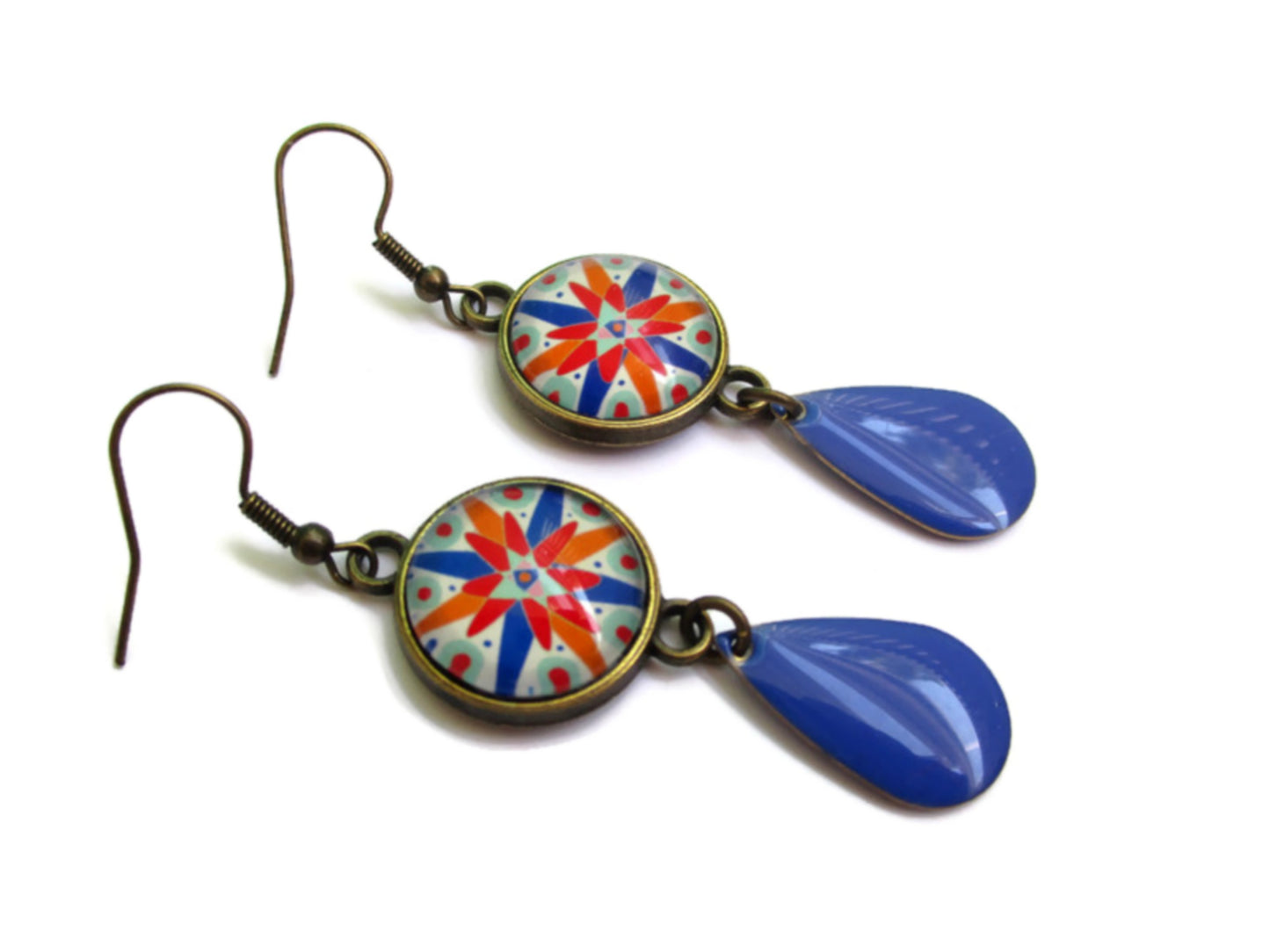 Boucles d'Oreilles motifs géométriques multicolores, émail Bleu