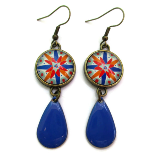 Boucles d'Oreilles motifs géométriques multicolores, émail Bleu