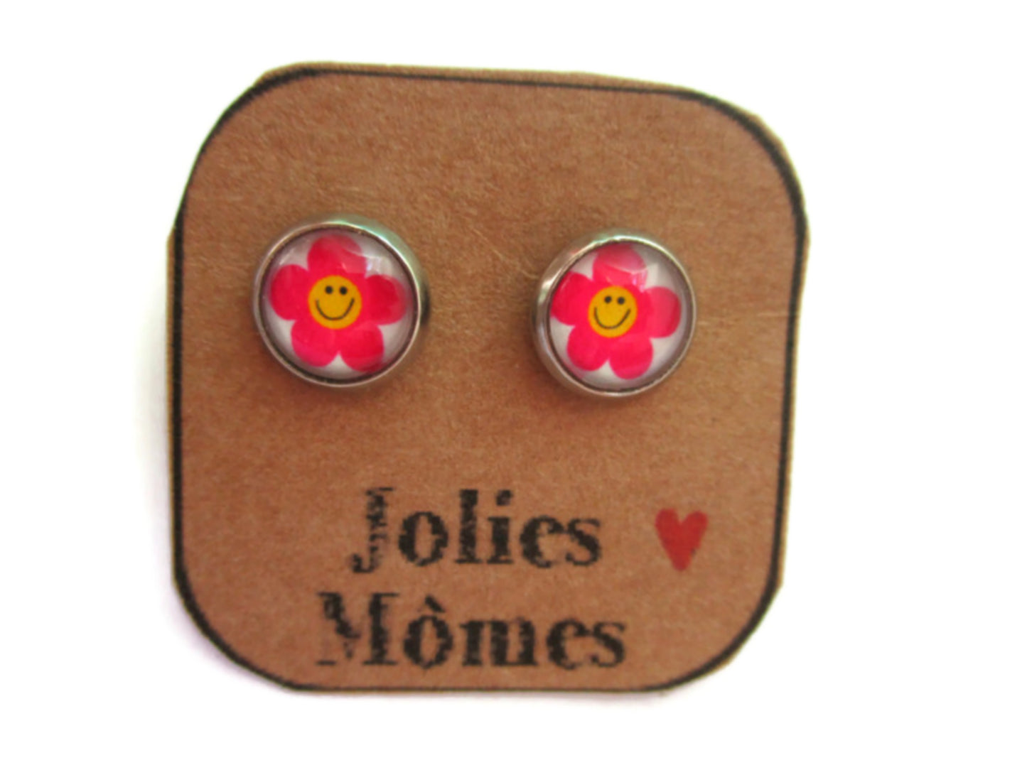 Puces d'Oreilles Enfant Fleurs smileys roses