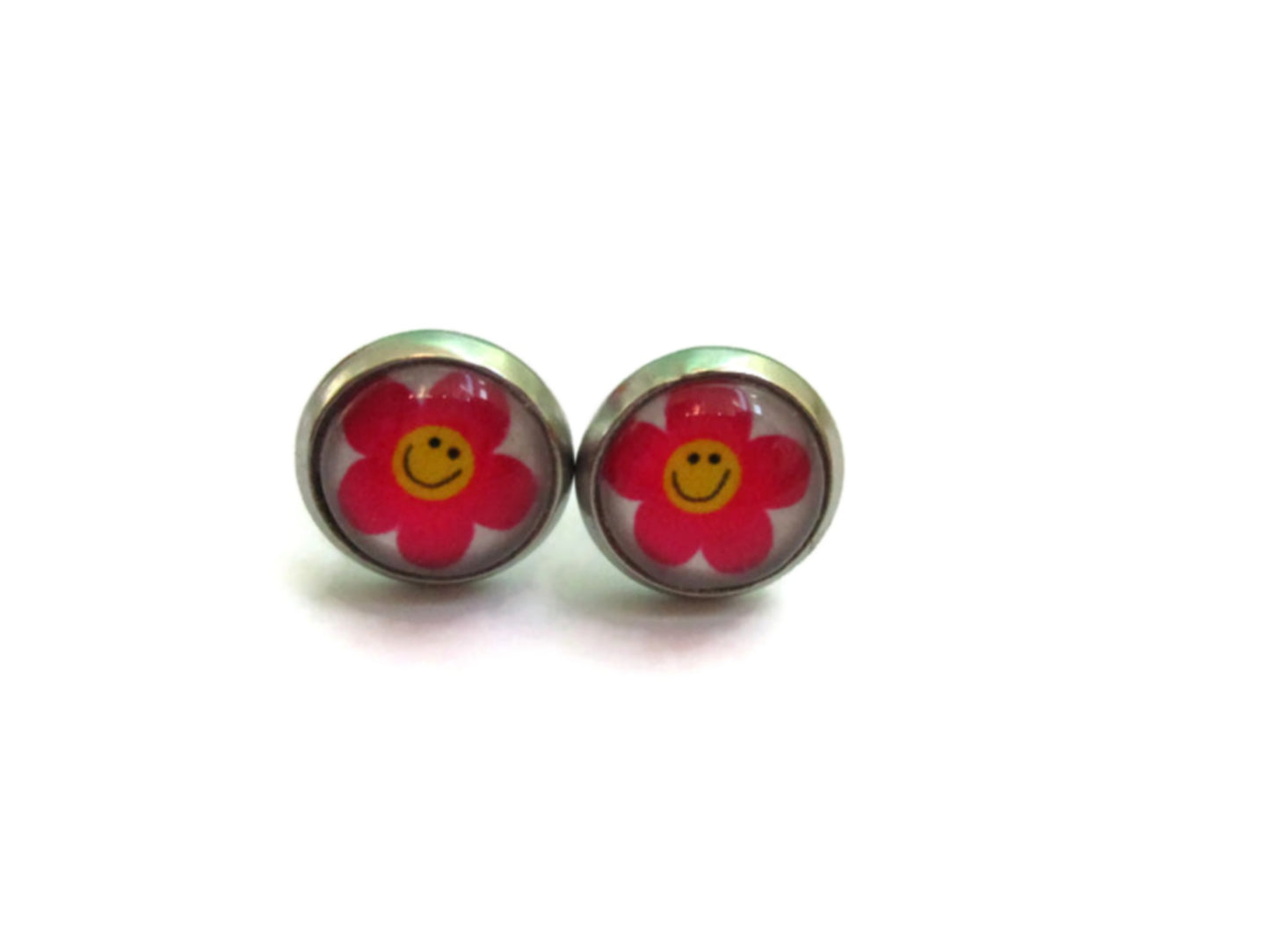 Puces d'Oreilles Enfant Fleurs smileys roses