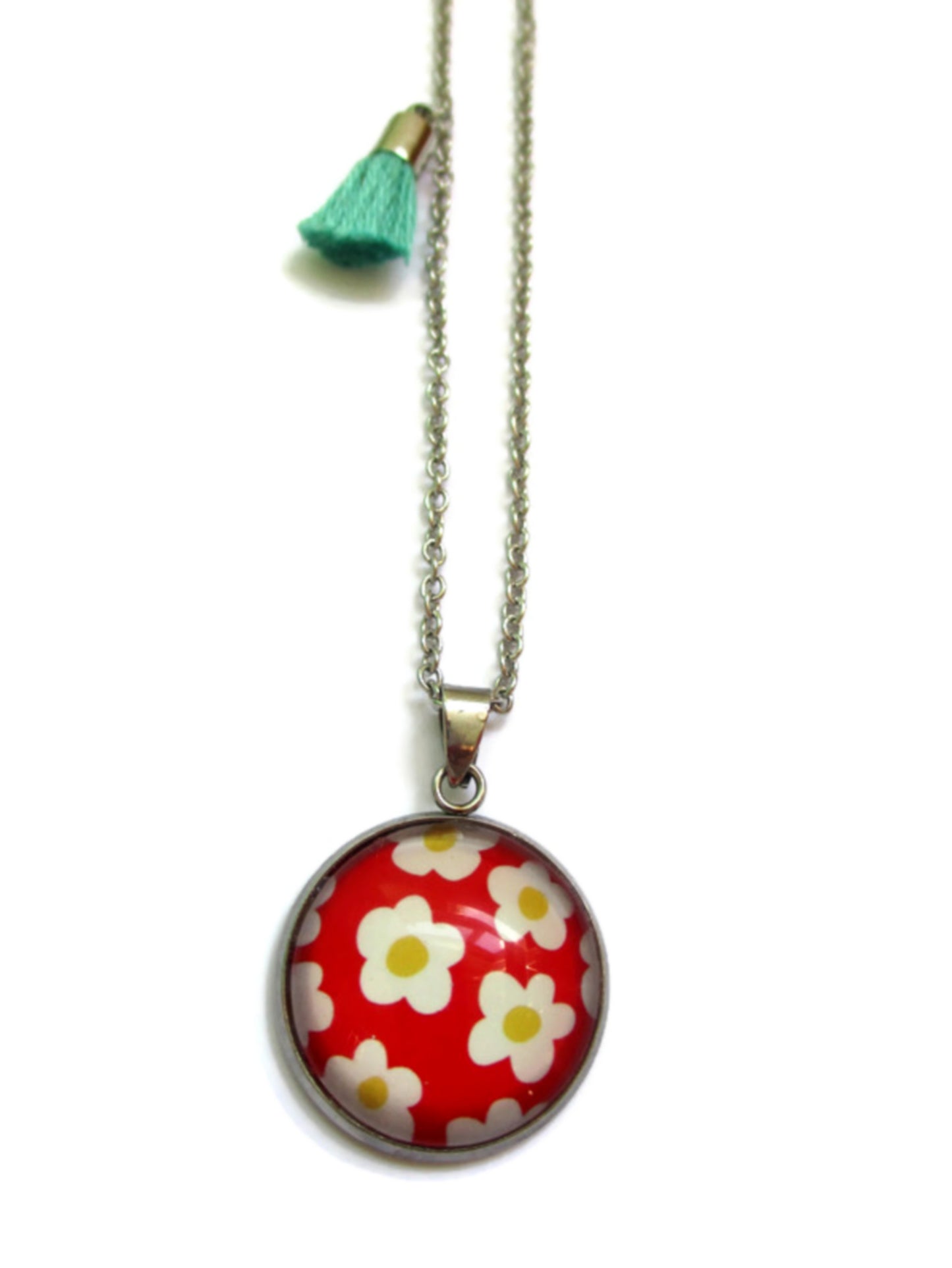 Collier Enfant Fleurs jaunes et blanches fond rouge