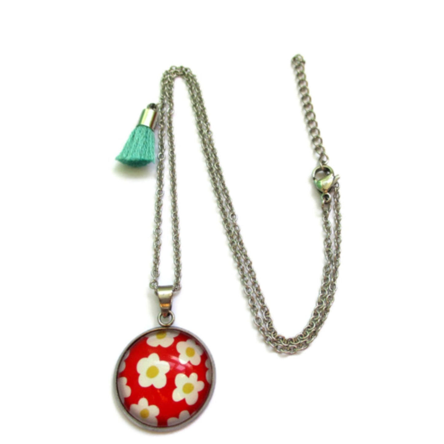 Collier Enfant Fleurs jaunes et blanches fond rouge