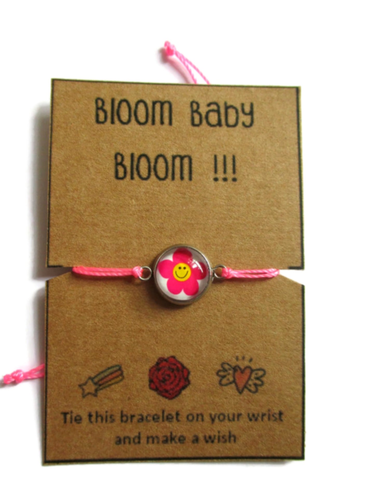 Pink smiley flower Wish bracelet