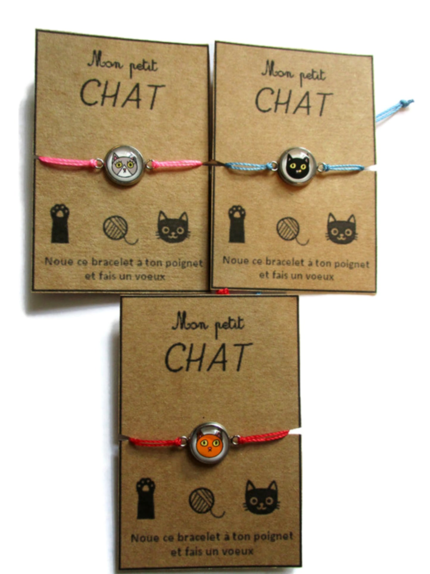 Bracelet Enfant Fil Chat noir gris ou roux