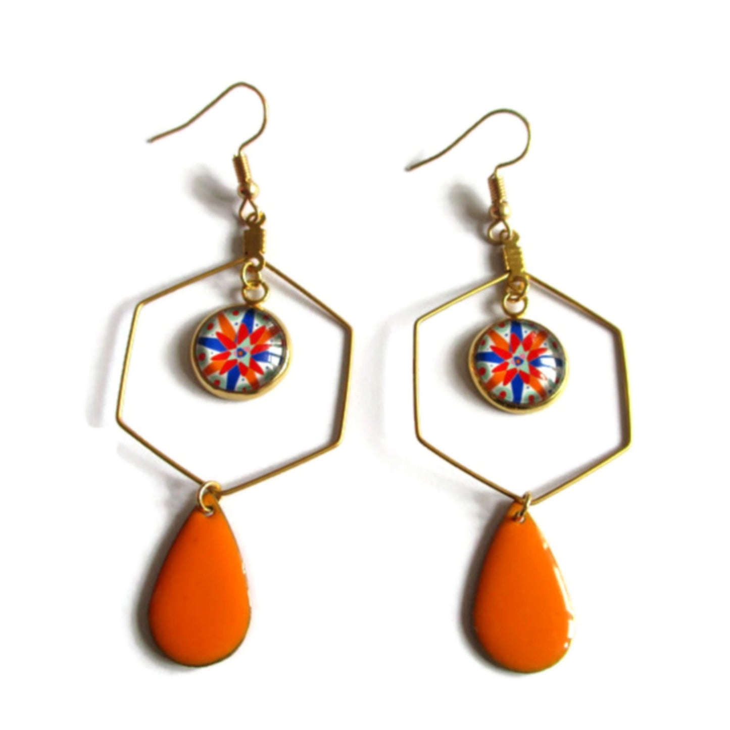 Boucles d'oreilles acier inoxydable, Boucles hexagones motif géométrique coloré émail orange ou bleu