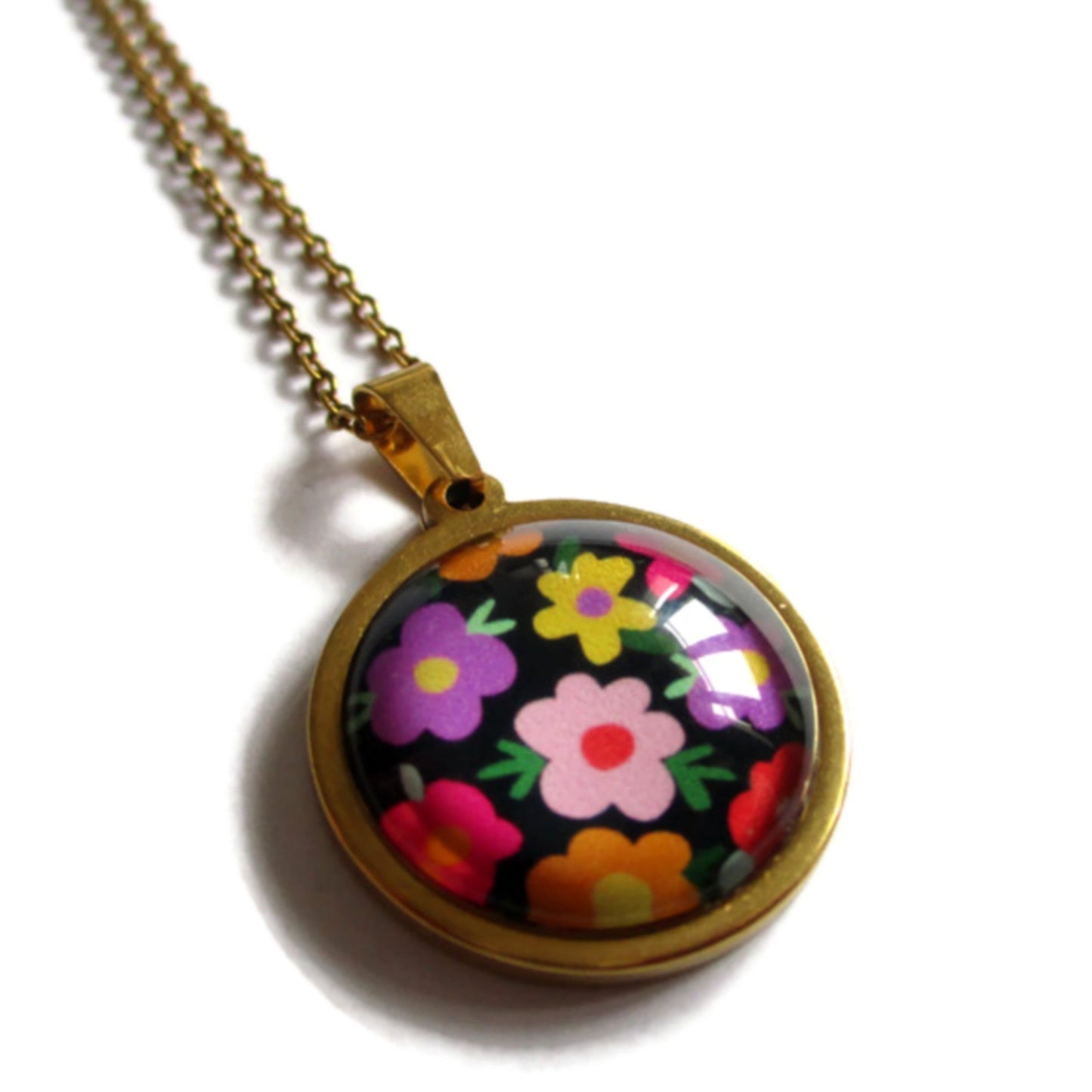 COLLIER FLEURS multicolores fond noir, acier inoxydable doré