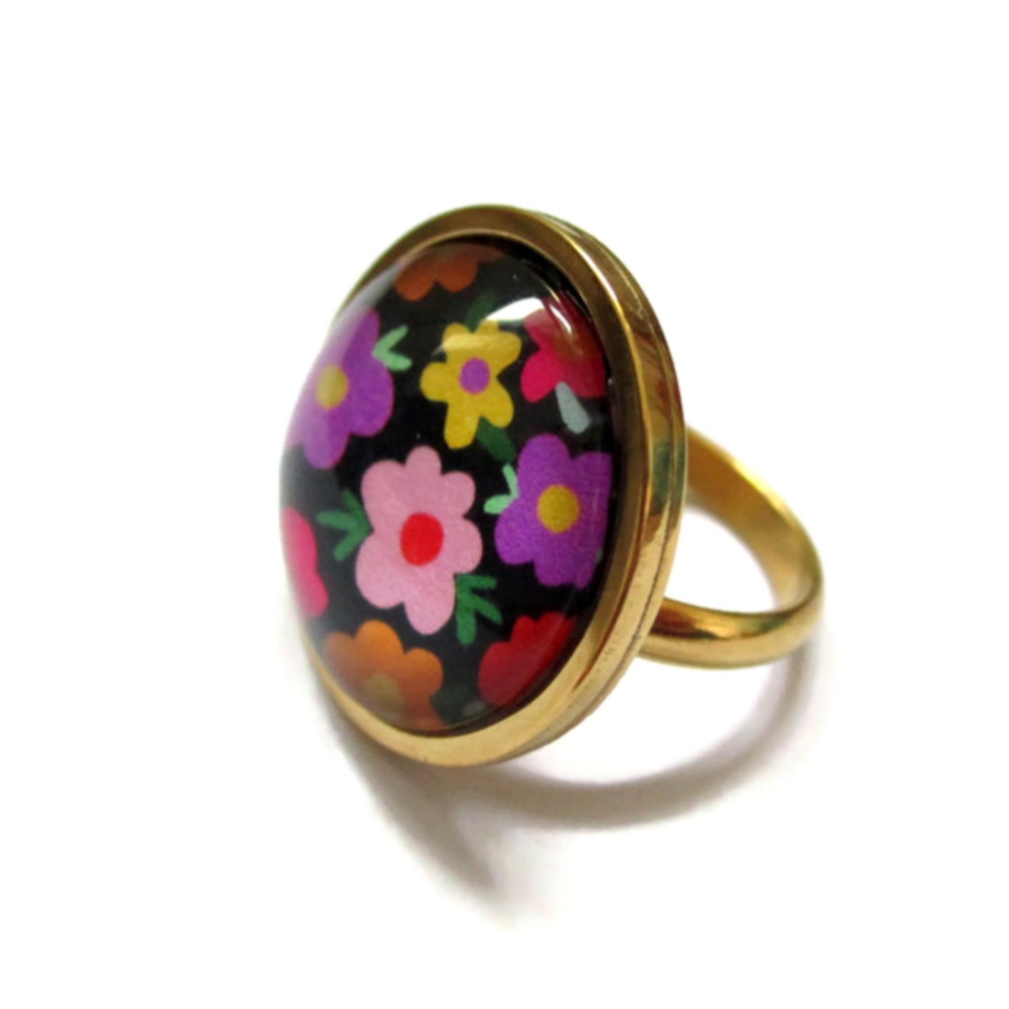 Bague dorée Fleurs multicolores sur fond noir