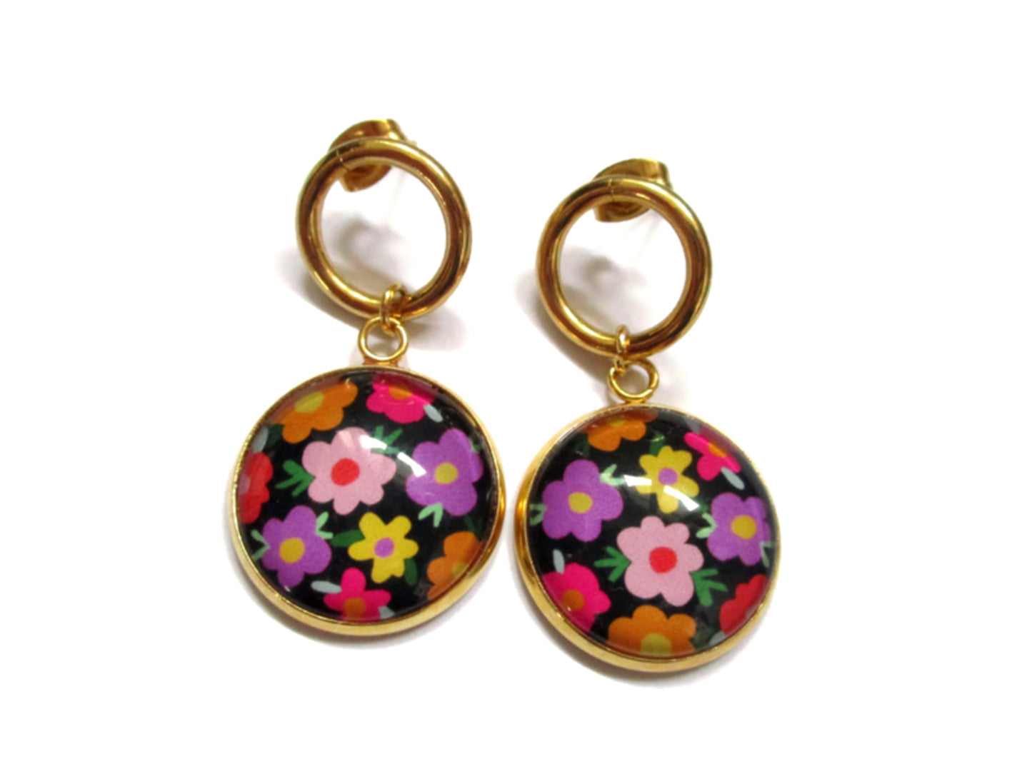 BOUCLES D'OREILLES PENDANTES dorées ou argentées Fleurs multicolores sur fond noir