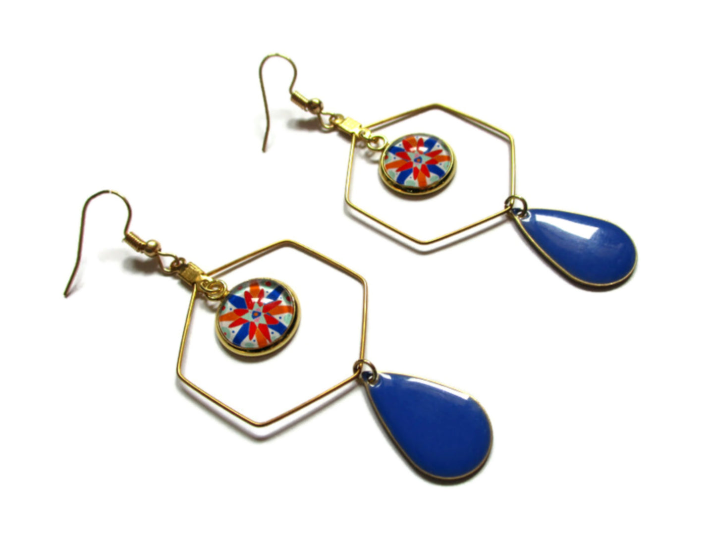 Colorful floral Hexagon Earrings , Golden Stainless Steel Earrings