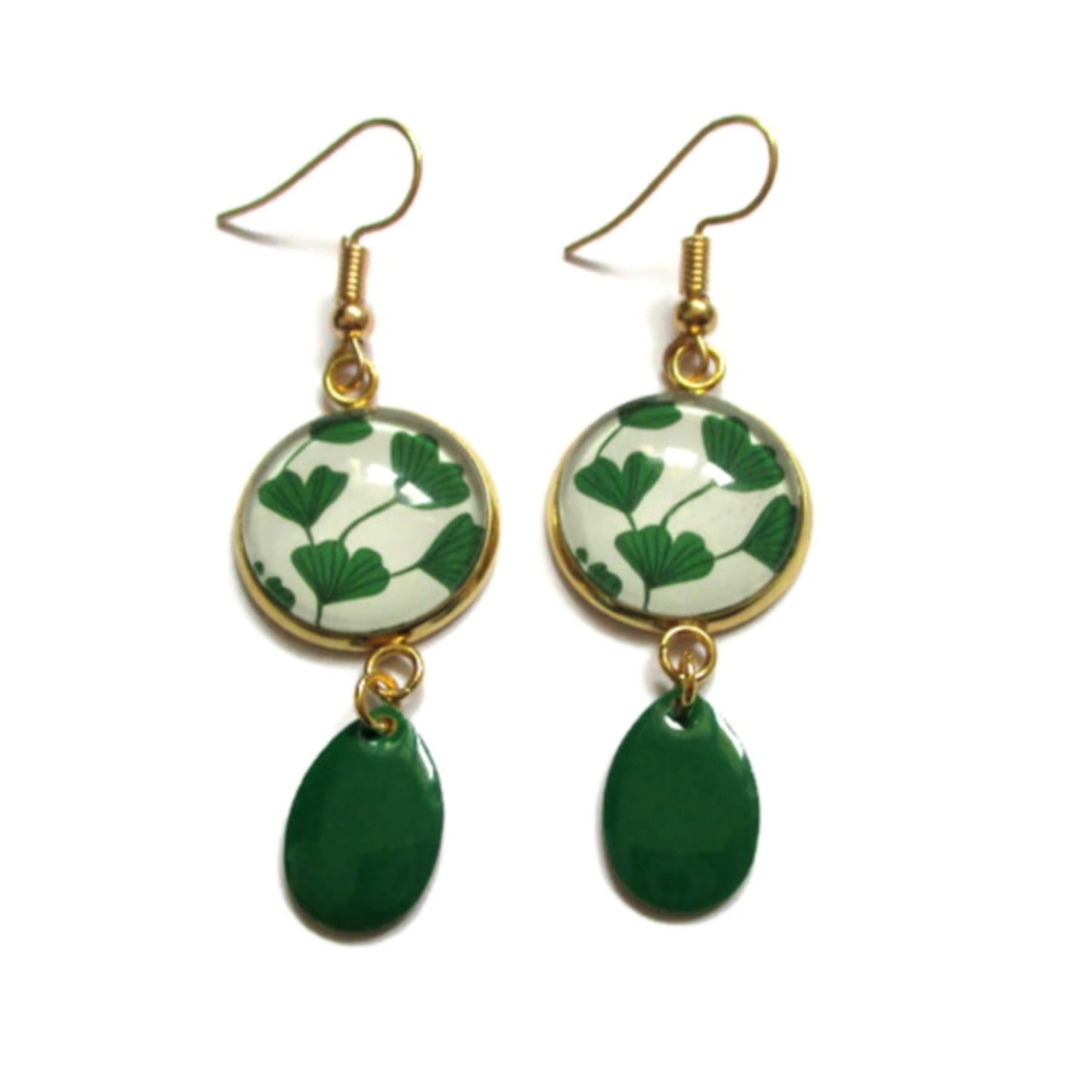 BOUCLES D'OREILLES dorées pendantes feuilles de ginkgo, email vert