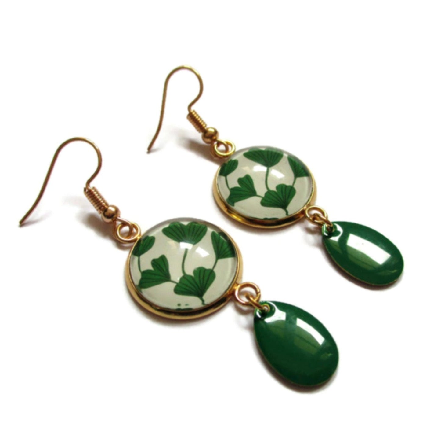 BOUCLES D'OREILLES dorées pendantes feuilles de ginkgo, email vert