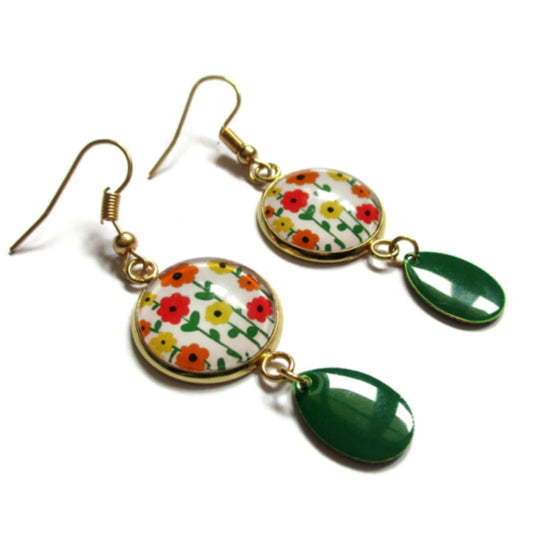 BOUCLES D'OREILLES dorées pendantes fleurs multicolores, émail vert