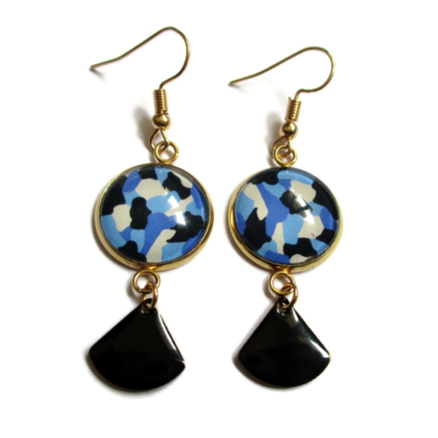 BOUCLES D'OREILLES dorées pendantes motif géométrique bleu, émail noir