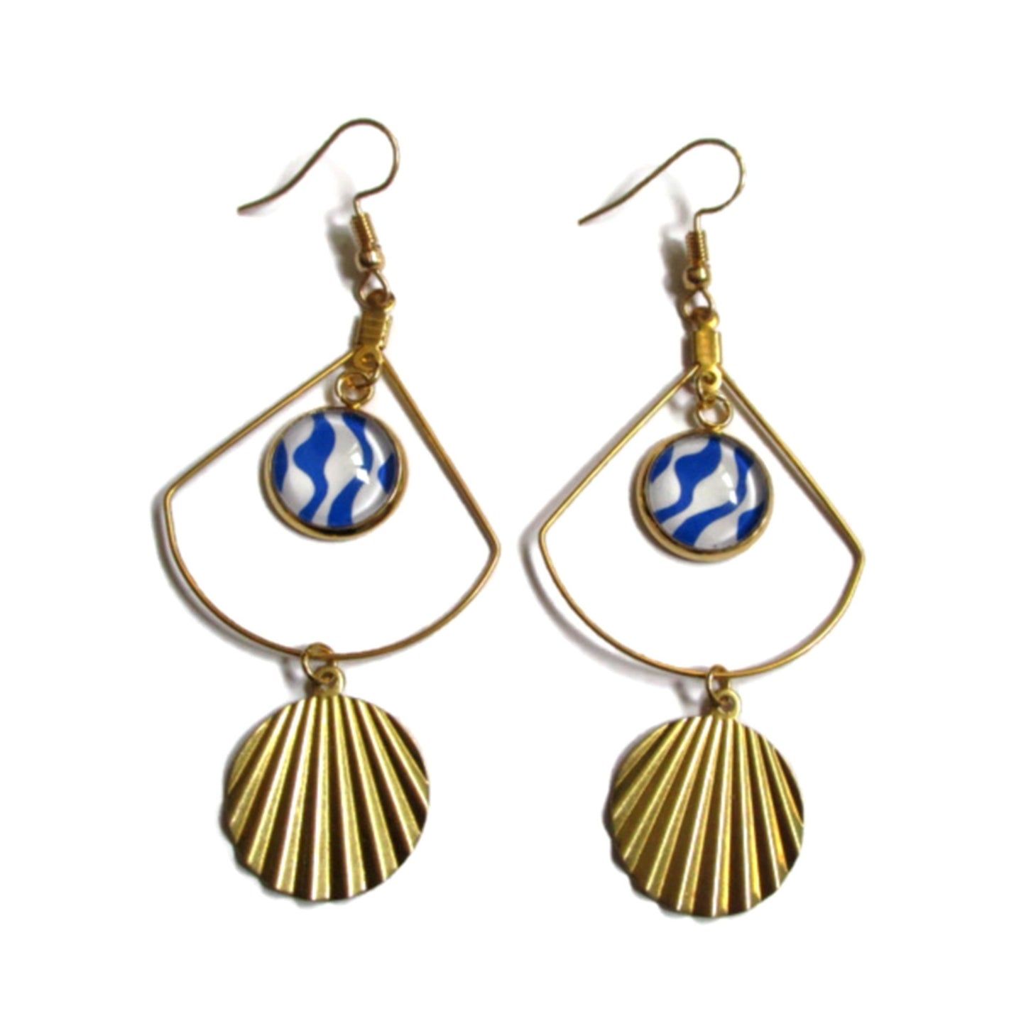 Boucles d'oreilles acier inoxydable doré, Boucles vagues bleues et blanches, médaille dorée