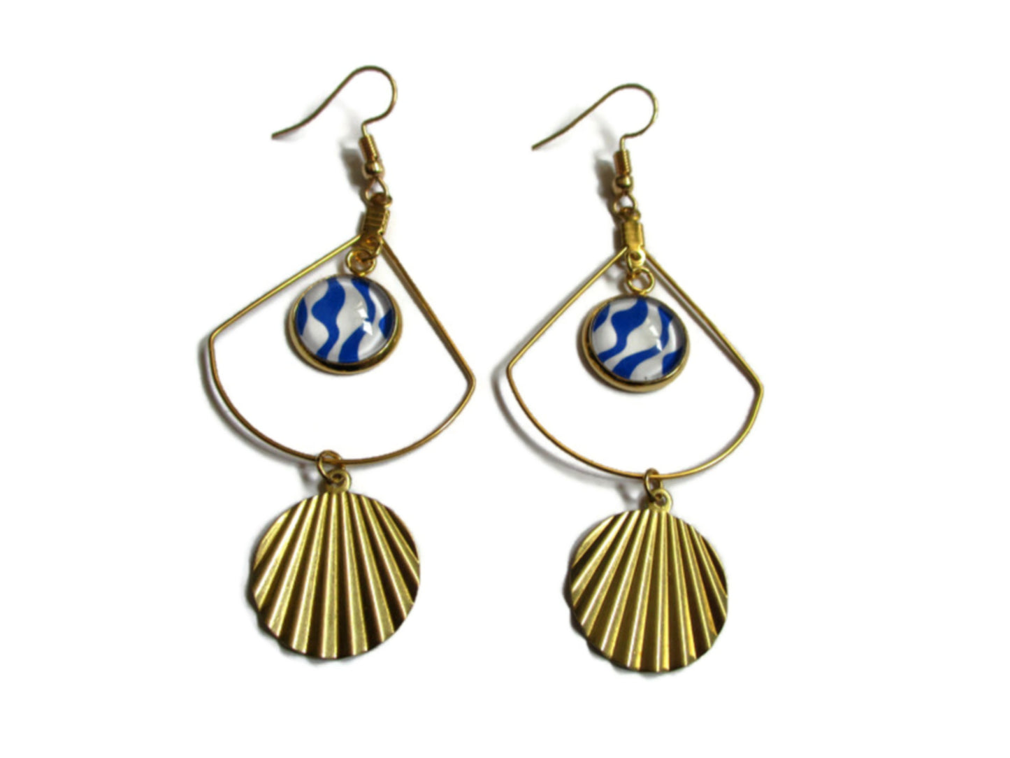 Boucles d'oreilles acier inoxydable doré, Boucles vagues bleues et blanches, médaille dorée