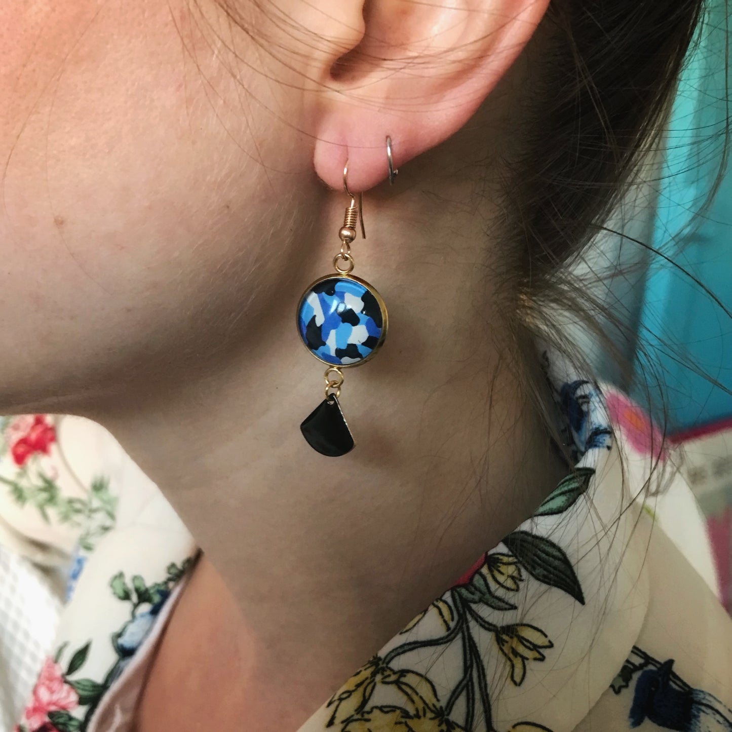 Blue geometric Dangle Earrings, black Enamel, gold Jewelry
