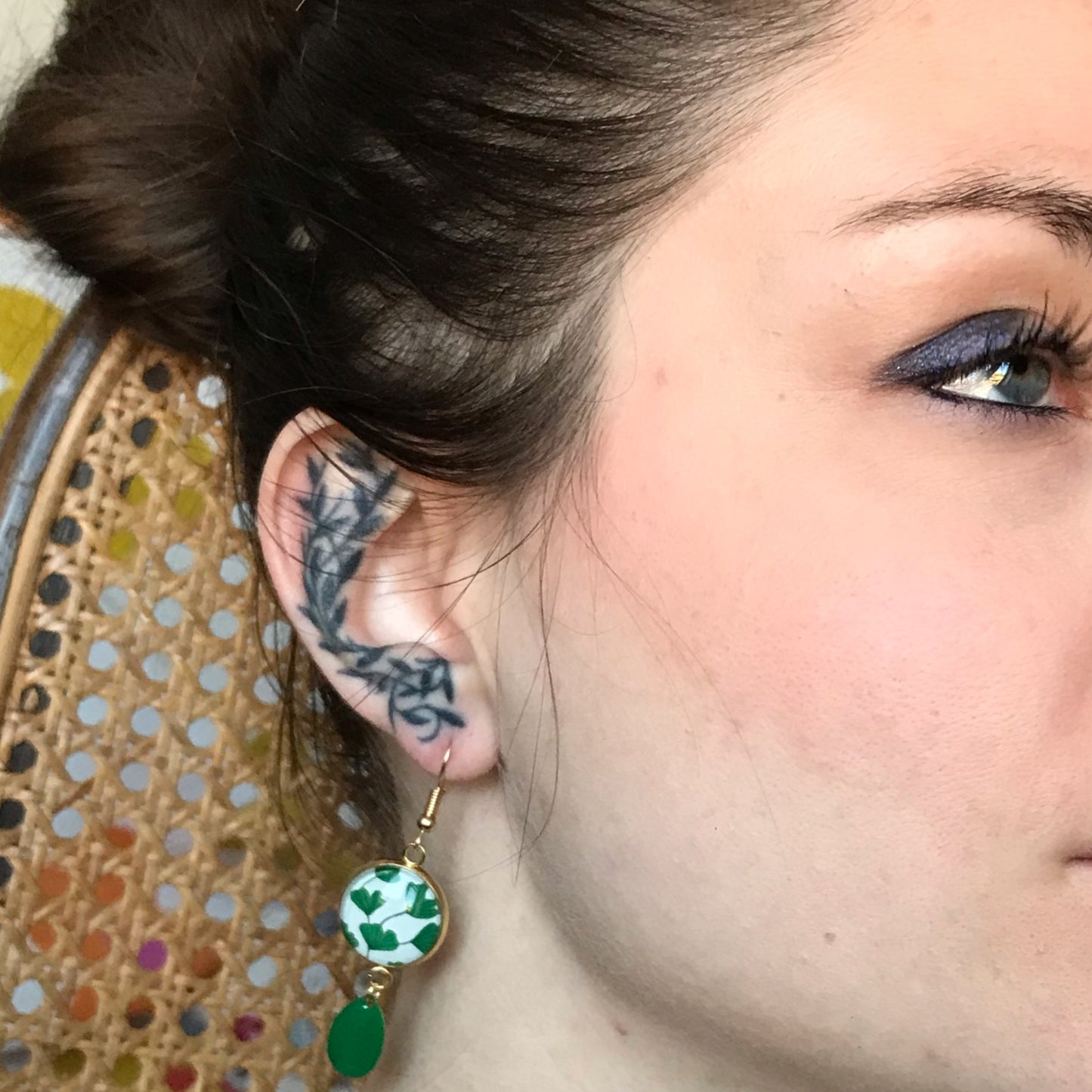 Colorful Flower Dangle Earrings, Stainless steel, Green Enamel