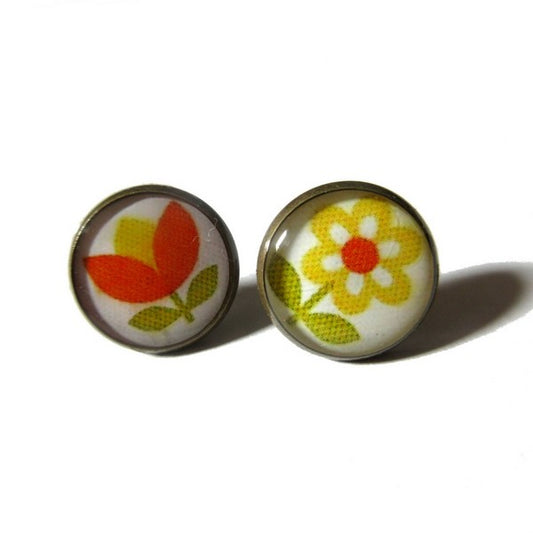 Orange And Yellow Vintage Flowers Stud Earrings