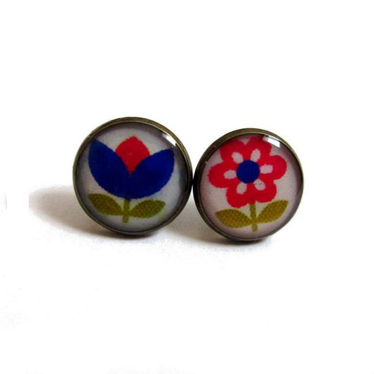 Puces d'Oreilles Fleurs Vintage Bleues et Roses