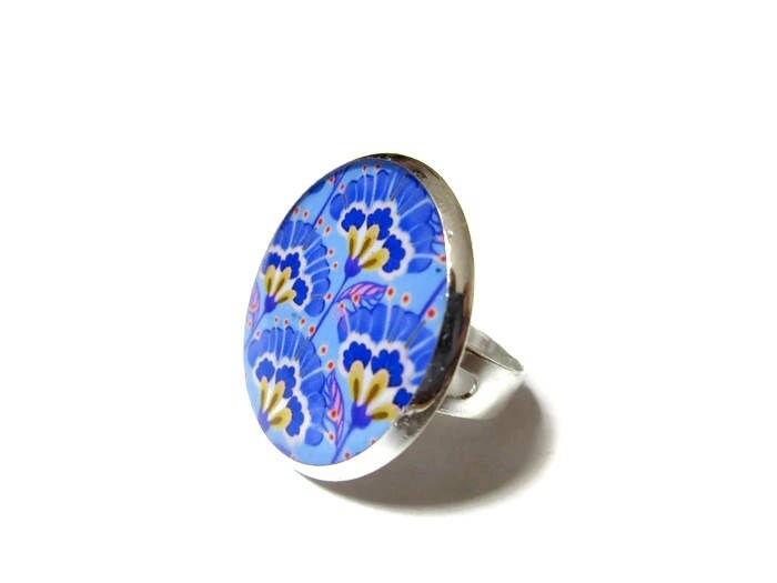 Bague Fleurs Bleues et Jaunes