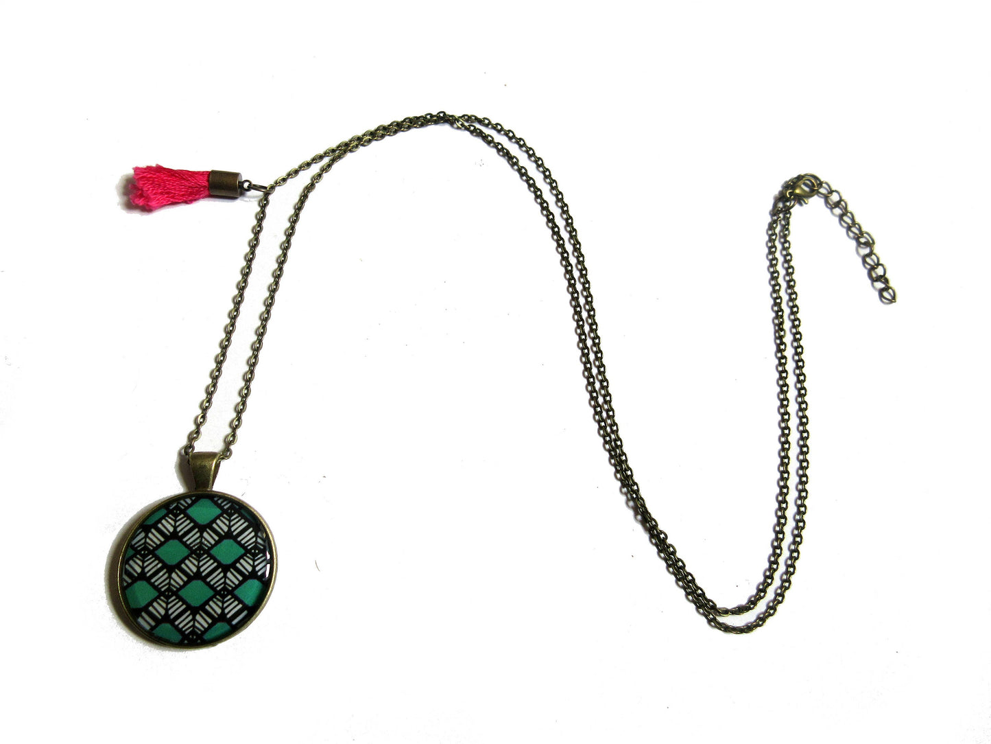 Collier Motif Ethnique Turquoise Pompon Rose