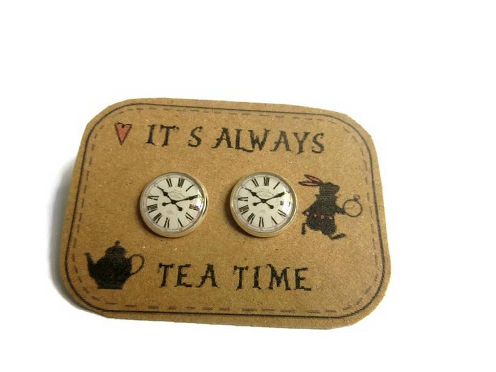 Clock , Alice in Wonderland Stud Earrings