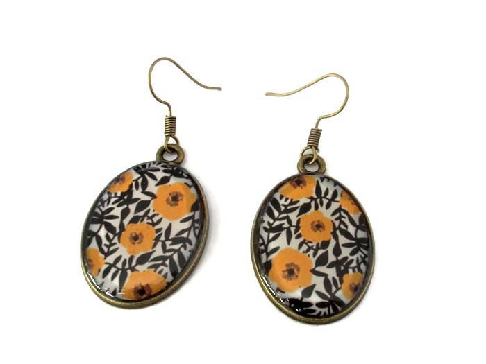 Yellow flowers oval earrings