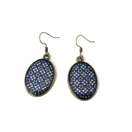 Blue and White Oval Earrings