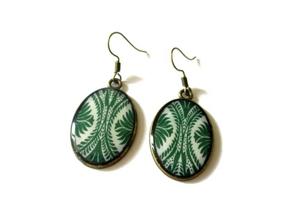 Green and white oval earrings