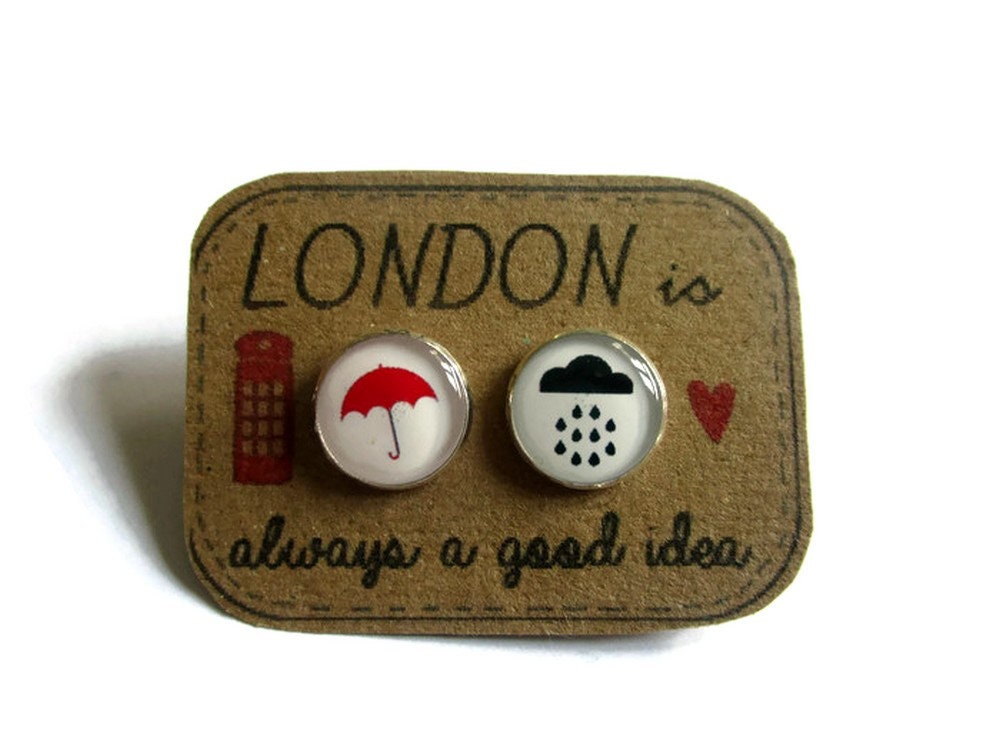 Puces d'Oreilles Londres Nuage et Parapluie Rouge