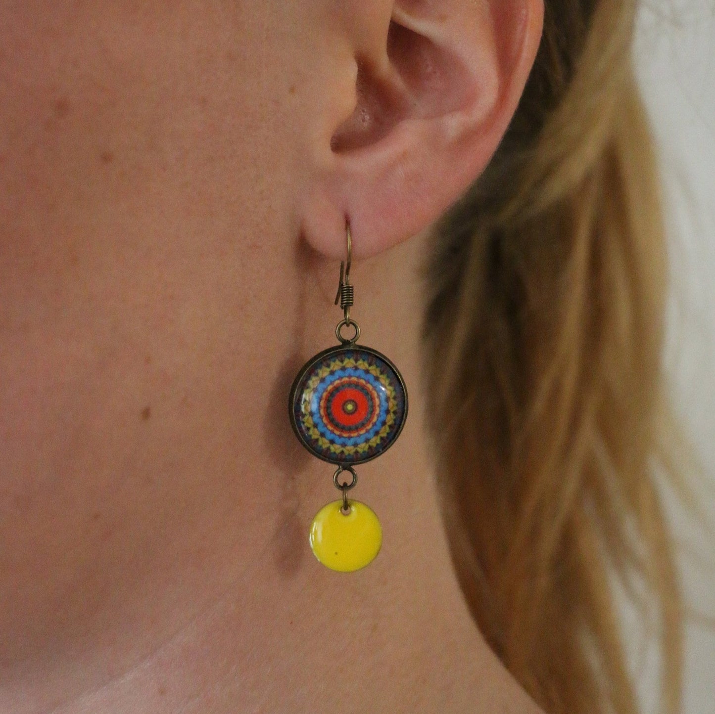 Mandala and yellow enamel Earrings 