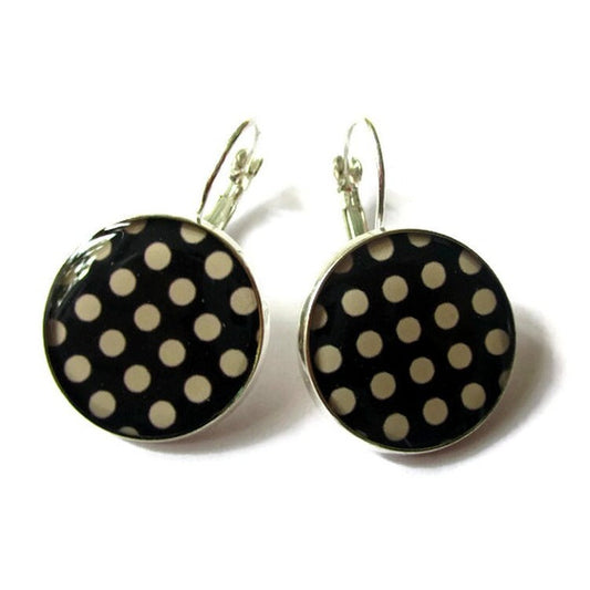 Boucles d'Oreilles Dormeuses Pois Noirs et Blancs