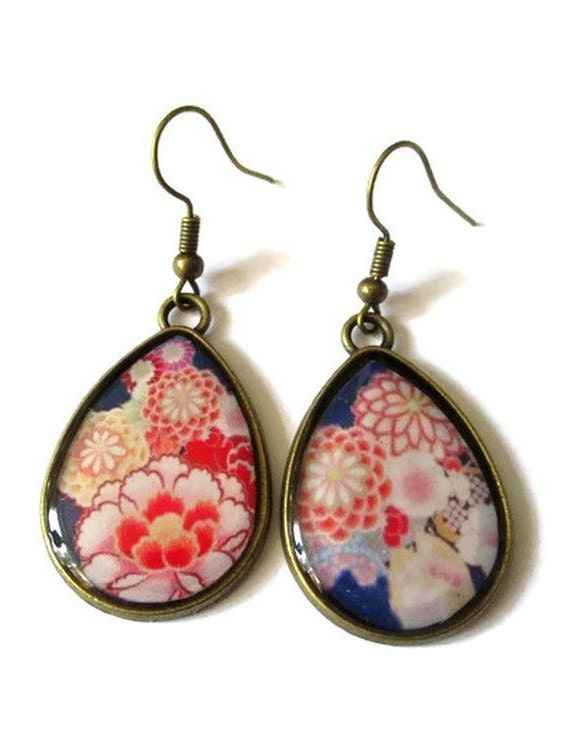 Japanese Flowers Teardrop Earrings