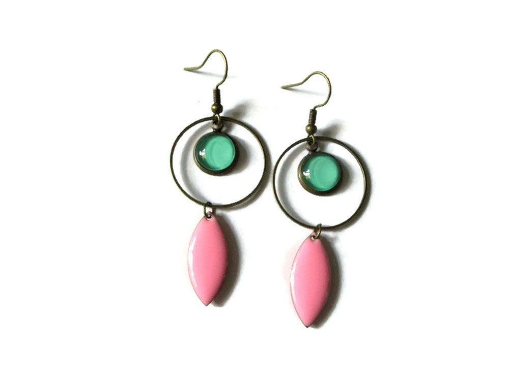 Boucles d'Oreilles Créoles Turquoises émail Rose