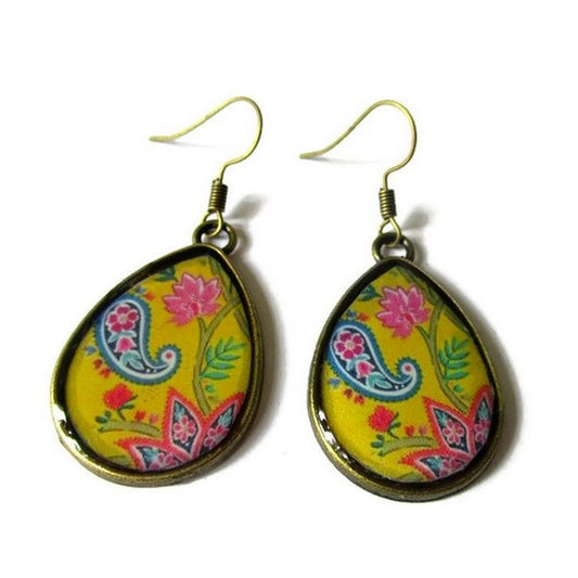 Yellow indian pattern teardrop earrings