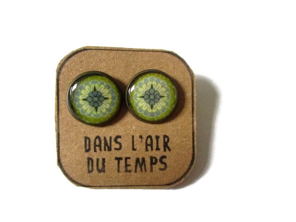 Green Oriental Pattern Stud Earrings