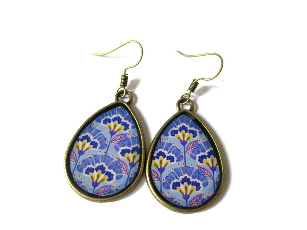 Boucles d'Oreilles Gouttes Fleurs Bleues et Jaunes