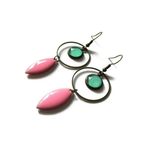 Boucles d'Oreilles Créoles Turquoises émail Rose