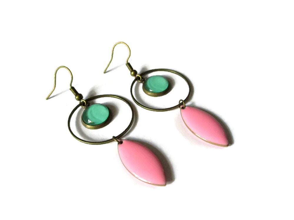 Boucles d'Oreilles Créoles Turquoises émail Rose