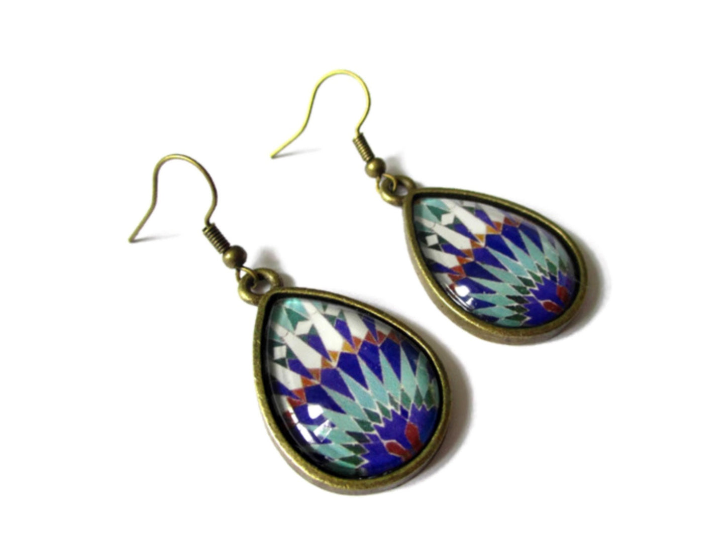 Boucles d'Oreilles Gouttes Motif Hippie Bleue et Vert