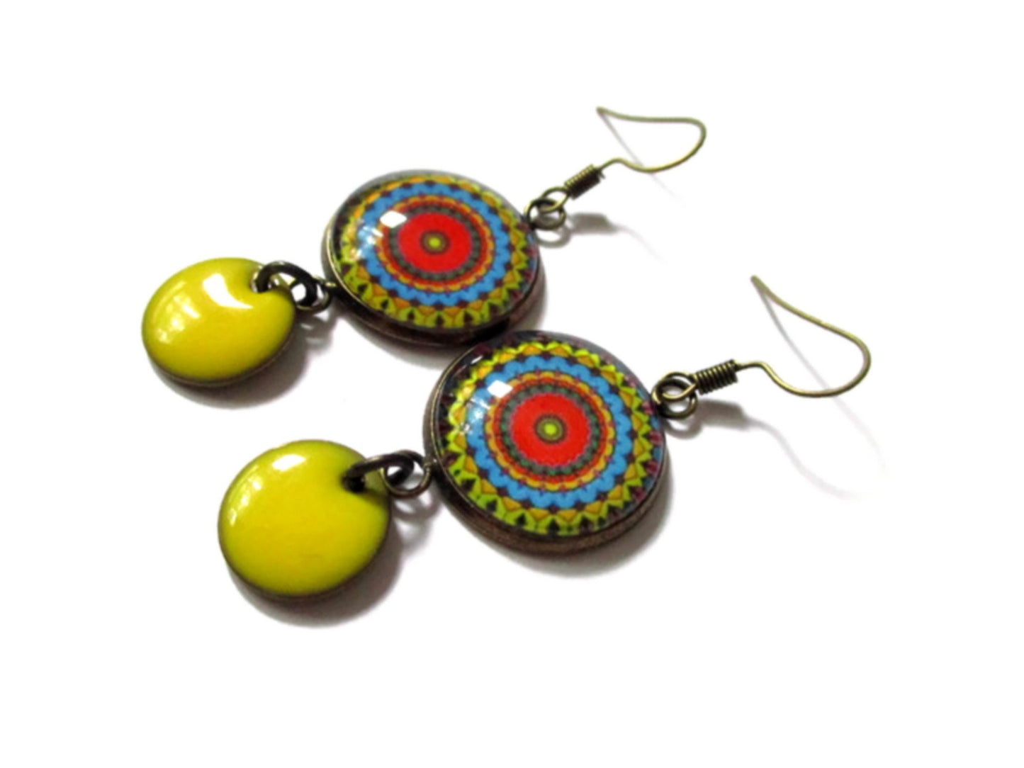 Mandala and yellow enamel Earrings 