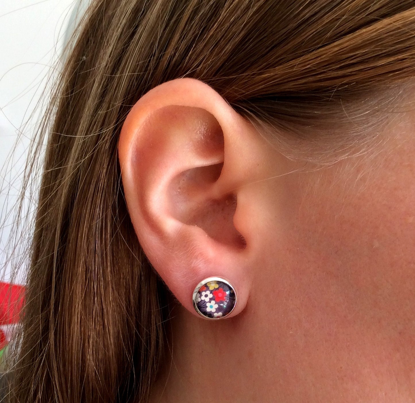 Colorful Flowers And Grey Background Stud Earrings