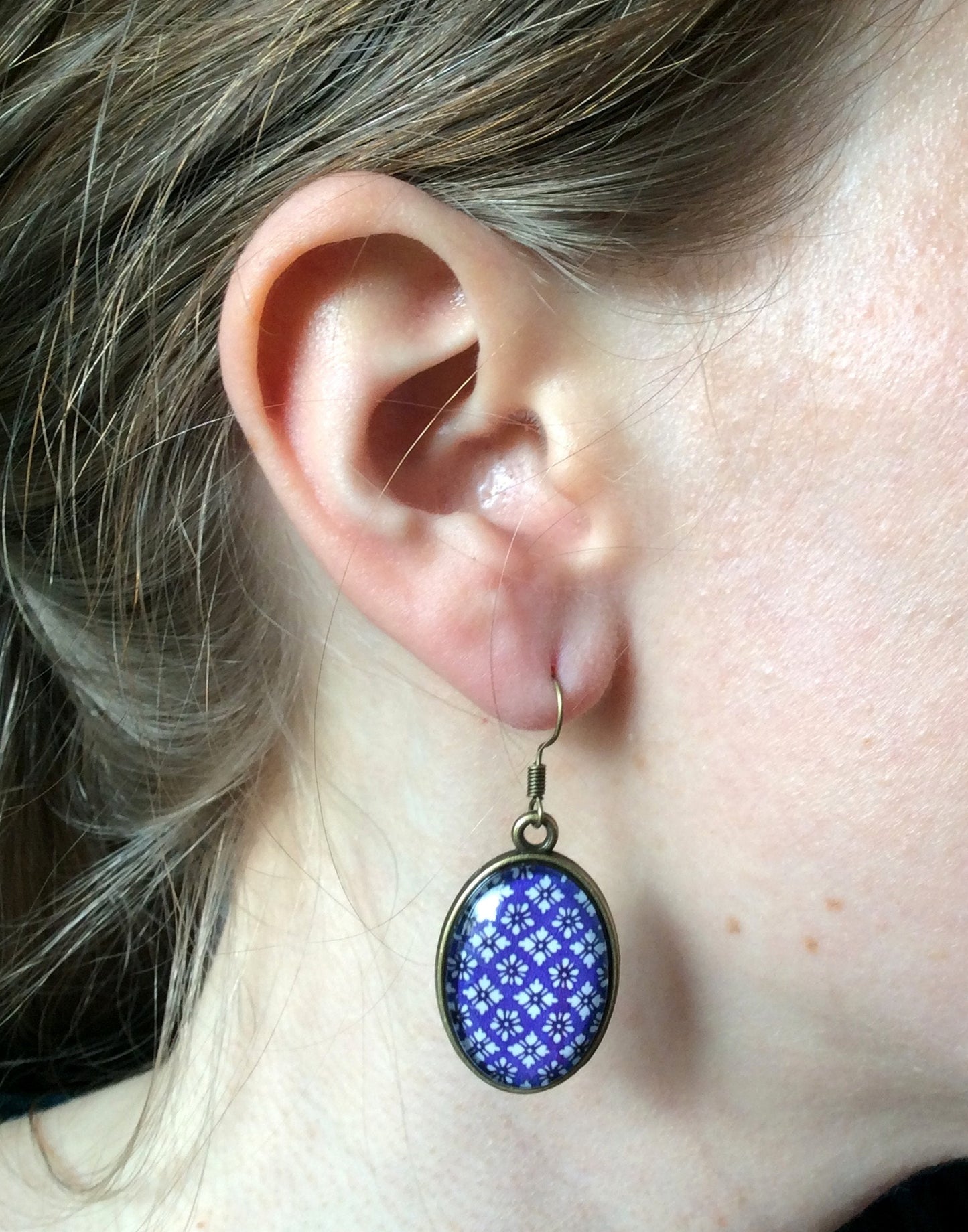 Blue and White Oval Earrings